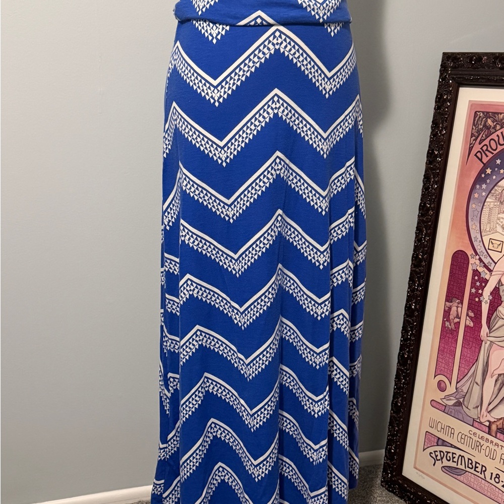 Takara L Blue and White Chevron Geometric Patterned Maxi Skirt